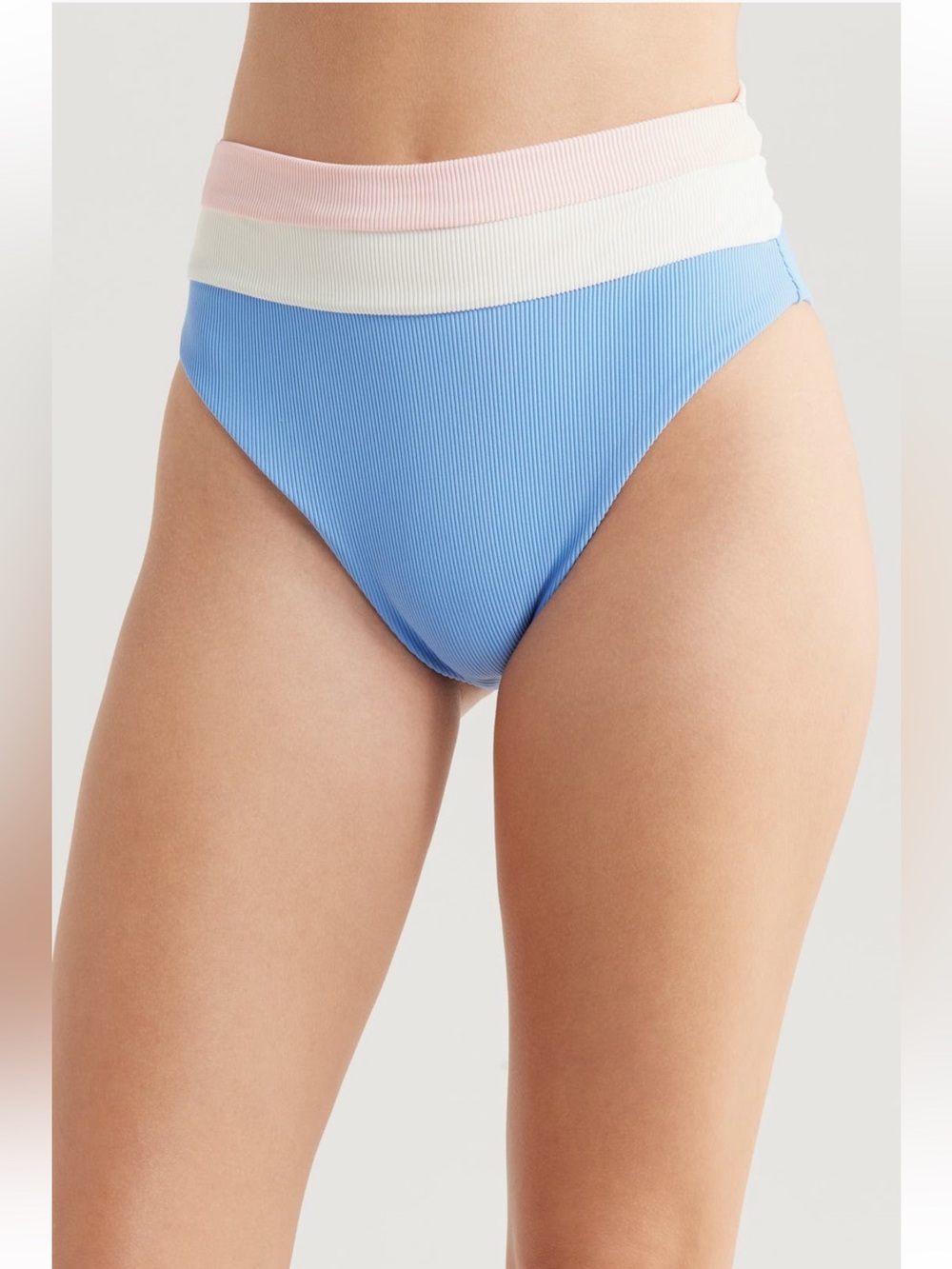 BEACH RIOT Heidi Ribbed High Waist Bikini Bottom in Blue, White & Pink XS